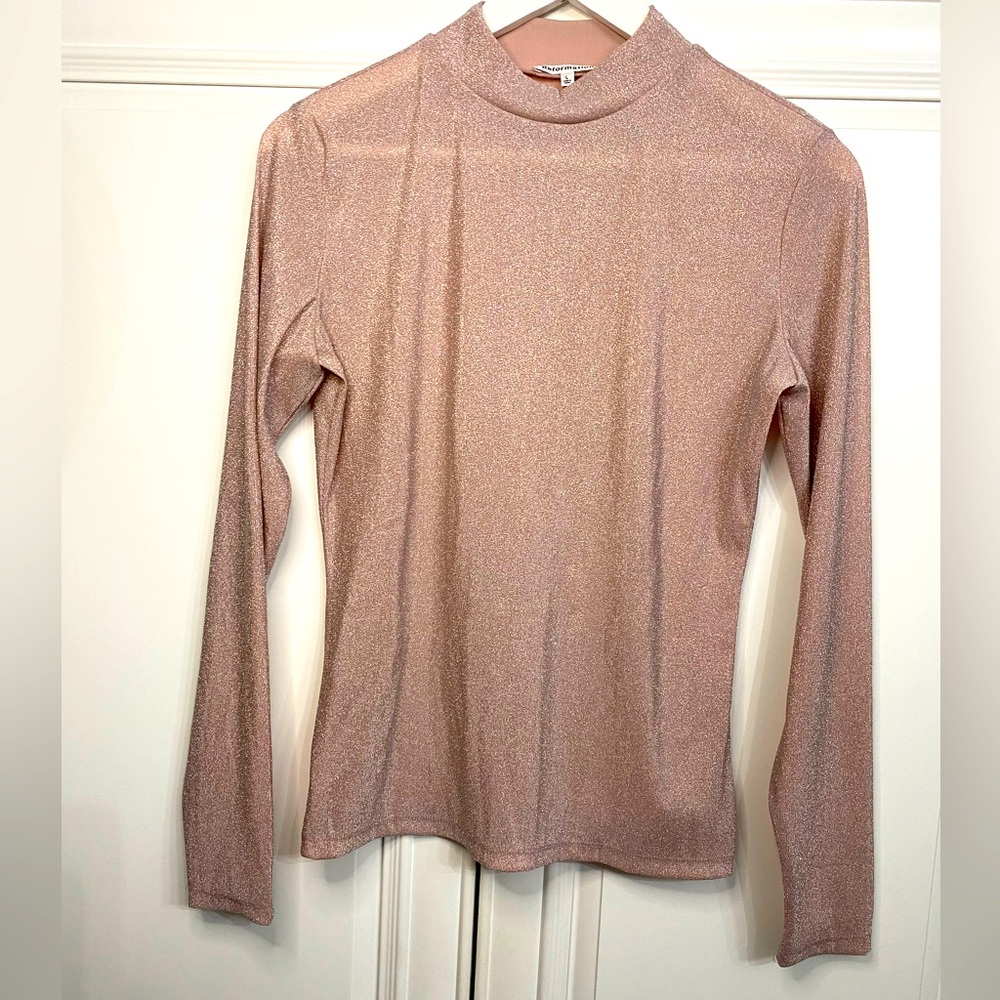 Reformation Bailey Knit Large Long Sleeve Top Rose Sparkle Mock Neck